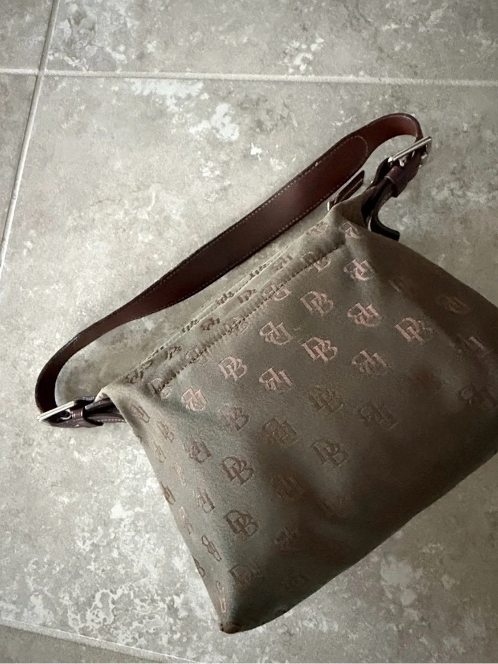 Vintage Dooney & Bourke Olive Monogram Hobo with Brown Leather Strap